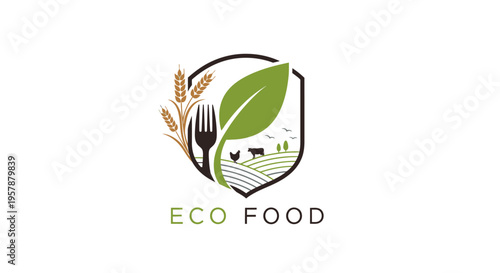 Eco food logo with fork leaf and farm landscape for sustainable organic products