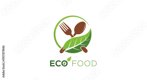 Eco food logo design with fork spoon and green leaf on white background