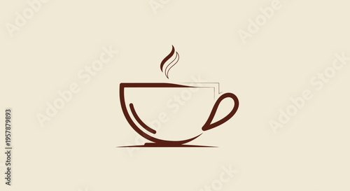 Minimalist brown line art illustration of a steaming hot coffee cup on a cream background.