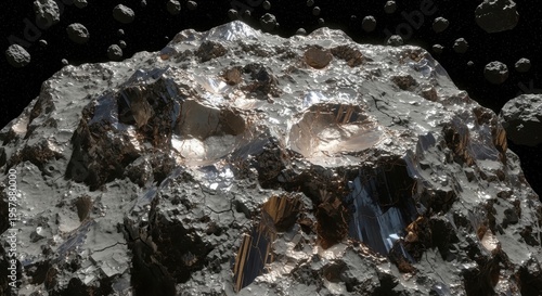 Textured surface of a silicon-rich asteroid with crystalline formations and rocky terrain in deep space