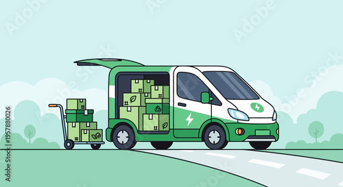Electric Van Delivering Eco-Friendly Packages on a Green Road