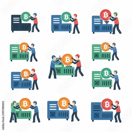 People mining bitcoins with computers.