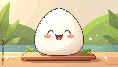 Wallpaper Mural Cute Kawaii Onigiri Character Smiling Happily on a Wooden Board. Torontodigital.ca