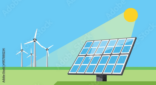 Clean Energy: Solar Panel and Wind Turbines under bright sun