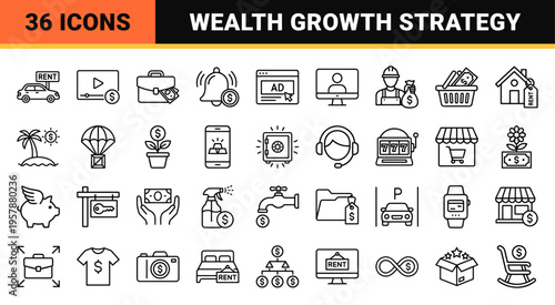 Passive Income and Wealth Generation Linear Icon Set featuring Minimalist Monoline Symbols for Financial Freedom and Investment Growth