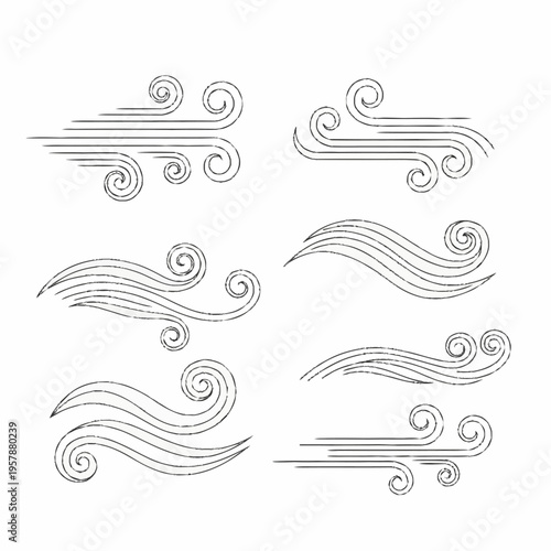 Set of Hand Drawn Wind and Air Flow Illustrations.