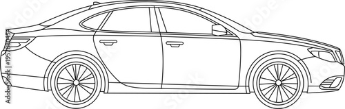 Modern sedan car side view vector, black line art of luxury automobile for automotive design and mockup
