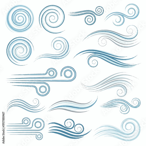 Stylized wind and air current swirl and wave vector elements.