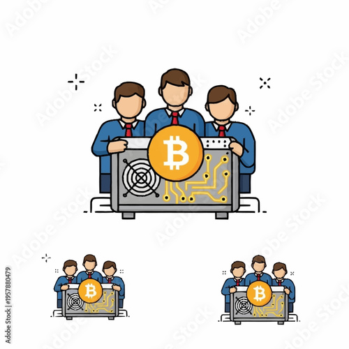 Three men with a bitcoin mining rig, cryptocurrency concept.