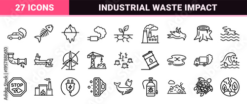 Industrial Pollution and Climate Change Thin Line Icons Featuring Environmental Crisis Concepts in an Minimalist Geometric Outline Style.