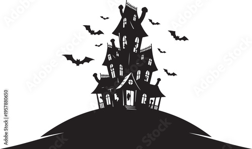 Haunted house silhouette on a hill with flying bats around
