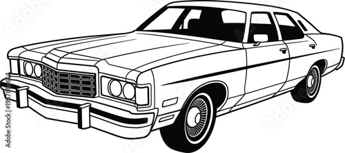 Vintage classic sedan car vector, black and white line art of 1970s american retro automobile for design