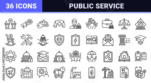 Public Administration and Governance Services Minimalist Monoline Outline Icon Set for Civil Law, Policy Making, and Urban Infrastructure.