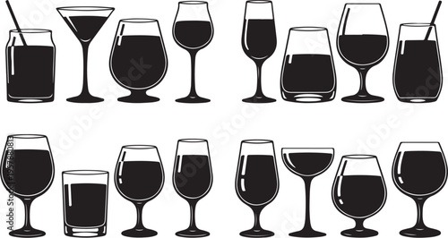 Collection of wine and cocktail glasses in black silhouette style