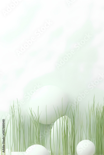 Soft white spheres among tall green grass, minimal natural composition, serene abstract landscape with soft light and airy atmosphere