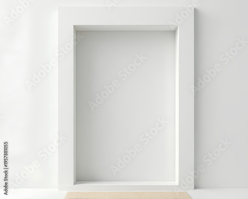 Minimal white picture frame leaning against white wall on light floor with soft natural window light and modern interior mood