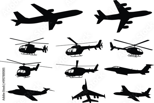 Silhouette collection of airplanes and helicopters, aviation aircraft icons, military jets, transport planes, rotor helicopters, black vector set for design
