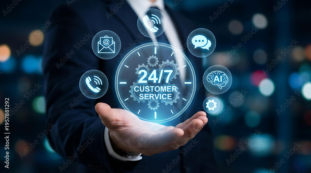 Fototapeta premium Businessman Holding 24/7 Customer Service Concept with AI Chatbot and Digital Support Icons