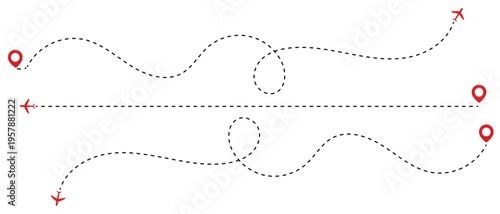 The flight path of the aircraft from the point of location along the dotted line. Flight route from a waypoint with an airplane silhouette. Vector elements 