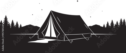 Camping in the woods at night with a tent