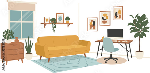Modern Cozy Living Room and Home Office Interior Illustration