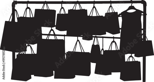 Black shopping bags and clothes on a rack display