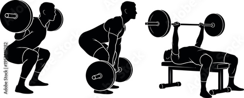 Weightlifter performing squats and bench press exercises with a barbell
