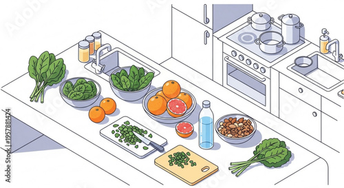Healthy kitchen counter with fresh vegetables fruits and ingredients for cooking and nutrition