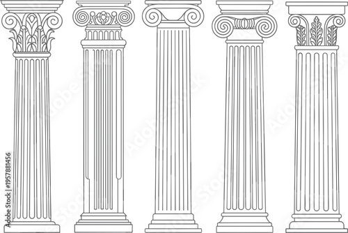 Ancient Greek and Roman column vector set, classical architecture pillars in Corinthian and Ionic styles line art