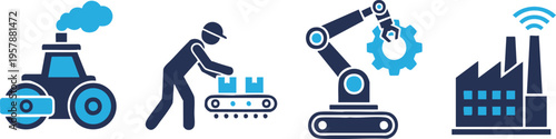 Industrial Manufacturing Icons - Automation Robotics and Factory Worker