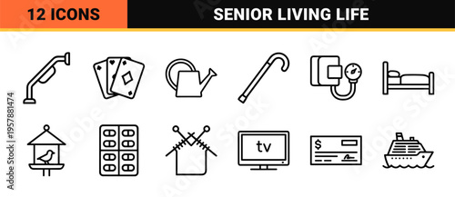 Retirement Planning and Senior Living Minimalist Monoline Geometric Line Art Outline Symbols for Healthcare and Elderly Care Services