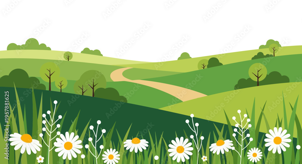 Fototapeta premium Flat Design Spring Landscape with Green Rolling Hills, Winding Path, and White Daisy Flowers in a Meadow