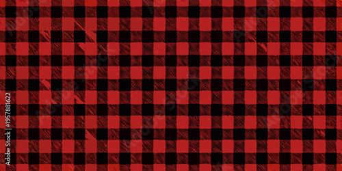 A bold red and black checkered pattern fills the entire frame