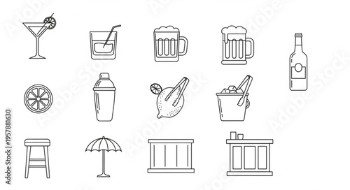 Collection of Bar and Cocktail Related Line Art Illustrations.