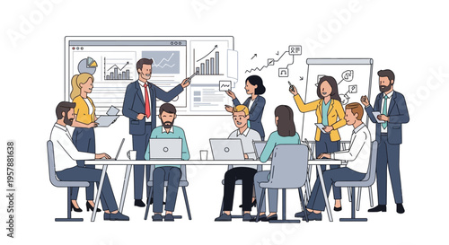 Business team meeting illustration professionals discussing data and strategy