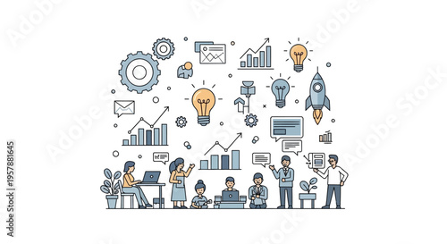 Illustrated business and teamwork concept with charts graphs and people