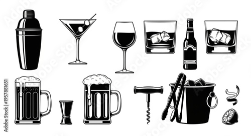 Assorted Barware Collection - Shaker, Glasses, Beer Mugs, and Accessories.