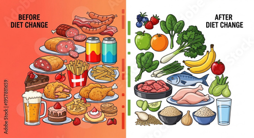 Healthy diet change concept with before and after food comparison junk versus nutritious meal options
