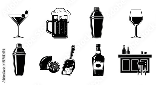 Bar Icons - Cocktail, Beer, Shaker, Wine, Citrus, Bottle, and Bar.