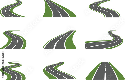 Asphalt road and highway perspective vector set, winding path and straight roadway icons with green grass borders