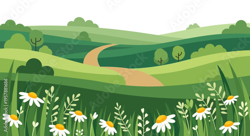 Flat Vector Illustration of a Serene Countryside Landscape with Winding Path and Daisies