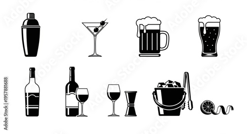 Collection of Black and White Alcohol and Beverage Icons.