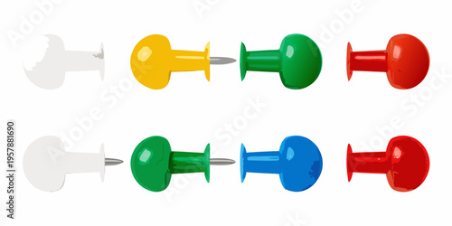 Colorful push pins arranged in two rows on a white background