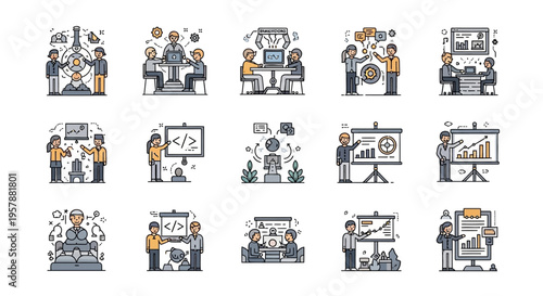 Set of business and technology icons illustrating various concepts and meetings