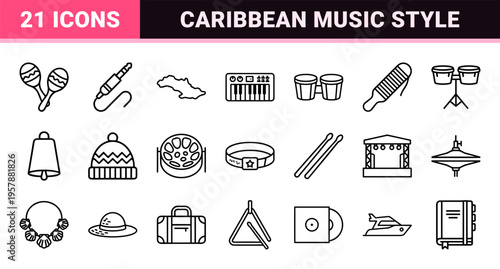Reggae Music and Caribbean Culture Minimalist Monoline Icon Set. Geometric Line Art for Sound Systems, Tropical Travel, and Festivals.