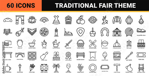 Spanish Fair and Cultural Traditions Icon Set featuring Minimalist Monoline Geometric Line Art for Travel and Tourism Marketing