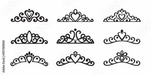 Collection of ornate black crowns and tiaras in various designs
