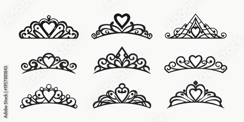 Collection of ornate tiaras and crowns in black and white designs