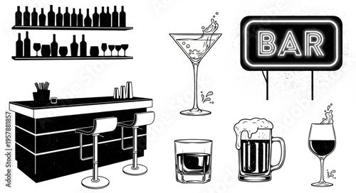 Bar Scene Silhouette - Drinks, Counter, and Neon Sign.