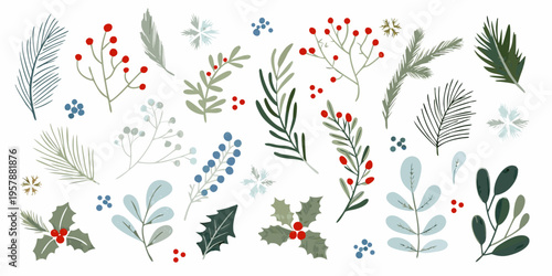 Stylized botanical illustration featuring various leaves berries and sprigs